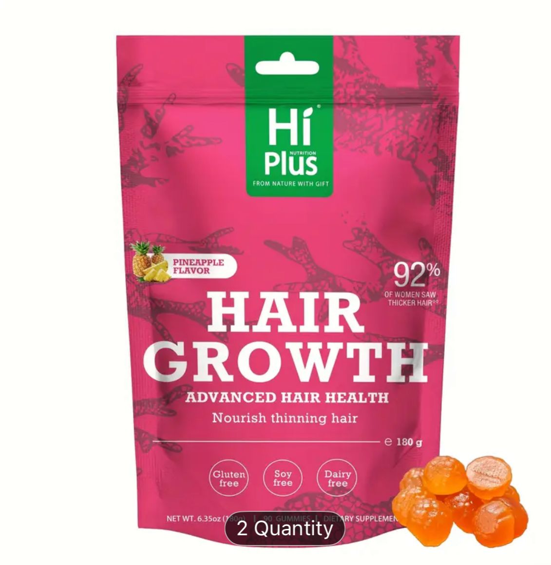 Hiplus Women's Hair Growth Gummies, Nourish Thinning Hair And Increase Hair Thickness, Hair Growth Product with Patented Collagen Complex for Effective Results, Thicker, Fuller Hair, Pineapple Flavor - 90 Gummies (45 Day Supply)