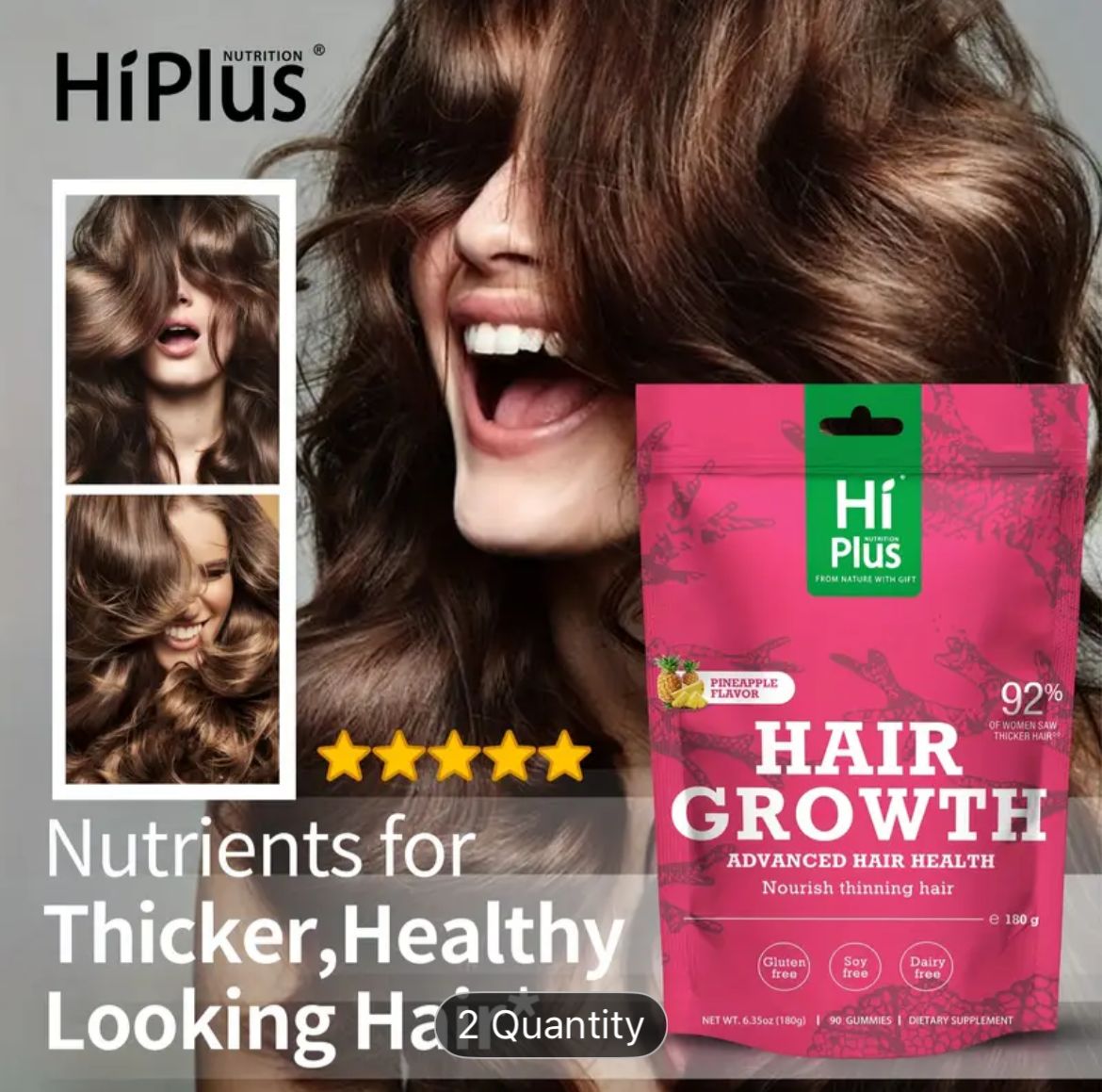 Hiplus Women's Hair Growth Gummies, Nourish Thinning Hair And Increase Hair Thickness, Hair Growth Product with Patented Collagen Complex for Effective Results, Thicker, Fuller Hair, Pineapple Flavor - 90 Gummies (45 Day Supply)